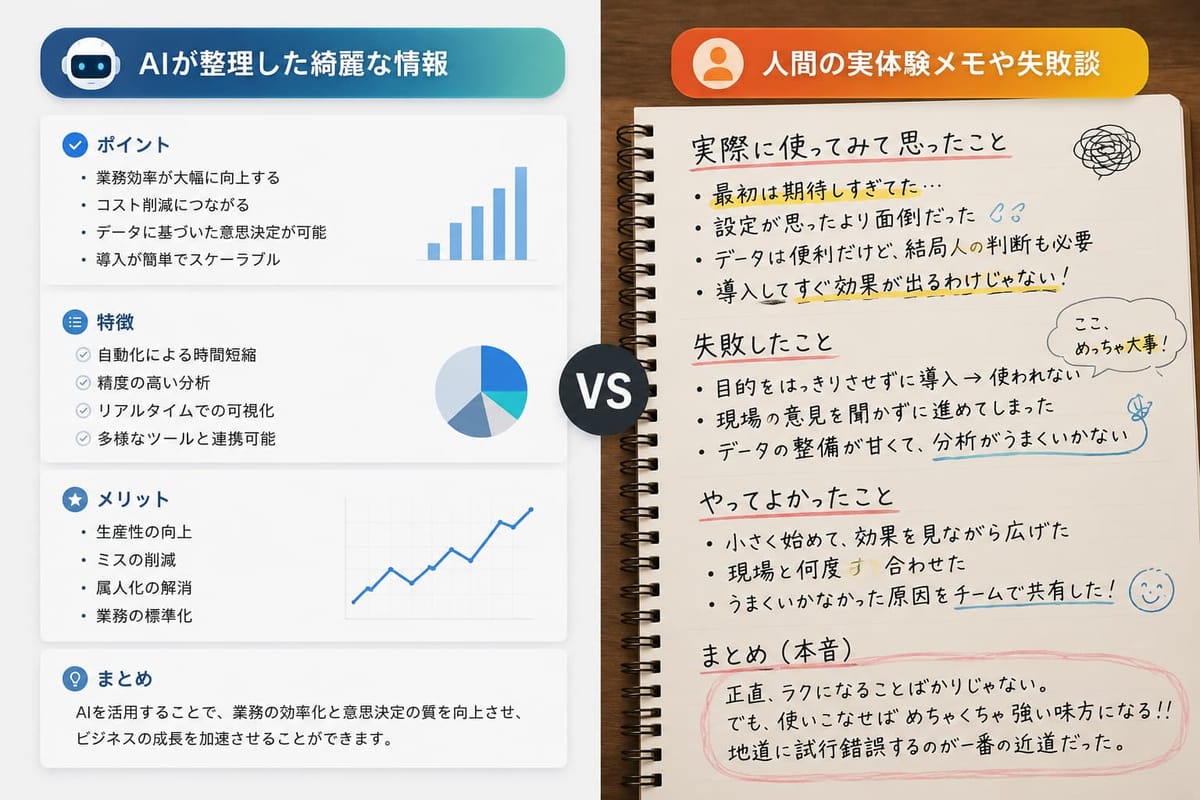 「AIが整理した綺麗な情報」（ポイント・特徴・メリット・まとめ）と、「人間の実体験メモや失敗談」（実際に使ってみて思ったこと・失敗したこと・やってよかったこと・本音のまとめ）の比較